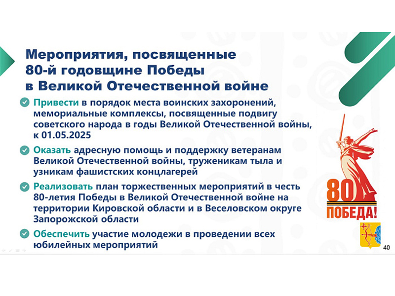 В Кировской области утвержден план мероприятий к 80-летию Великой Победы.